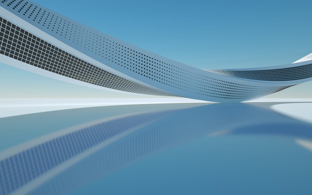 Struttura specchiata futuristica e aerodinamica che riflette il cielo blu, simbolo di movimento, sport, tecnologia, velocità.