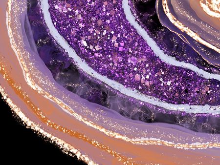 Luxury abstract pattern in shades of purple, lilac, and gold with square glitter and mineral gradients.