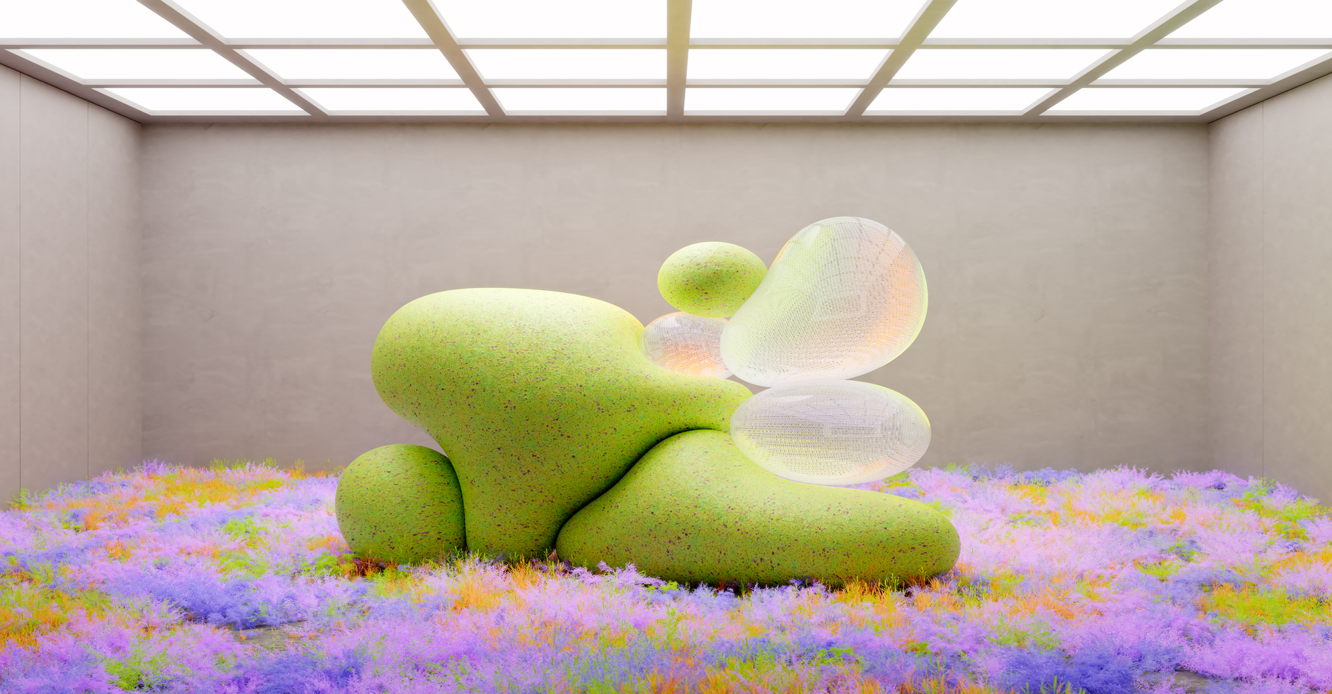 Biomorphic green installation and translucent abstract shapes set on a vibrant field of pastel purple grass.
